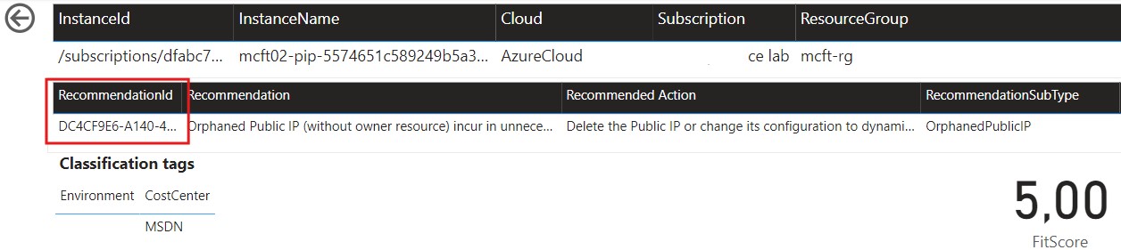 Copying the Recommendation Id value from the Recommendation Details page in the Power BI report